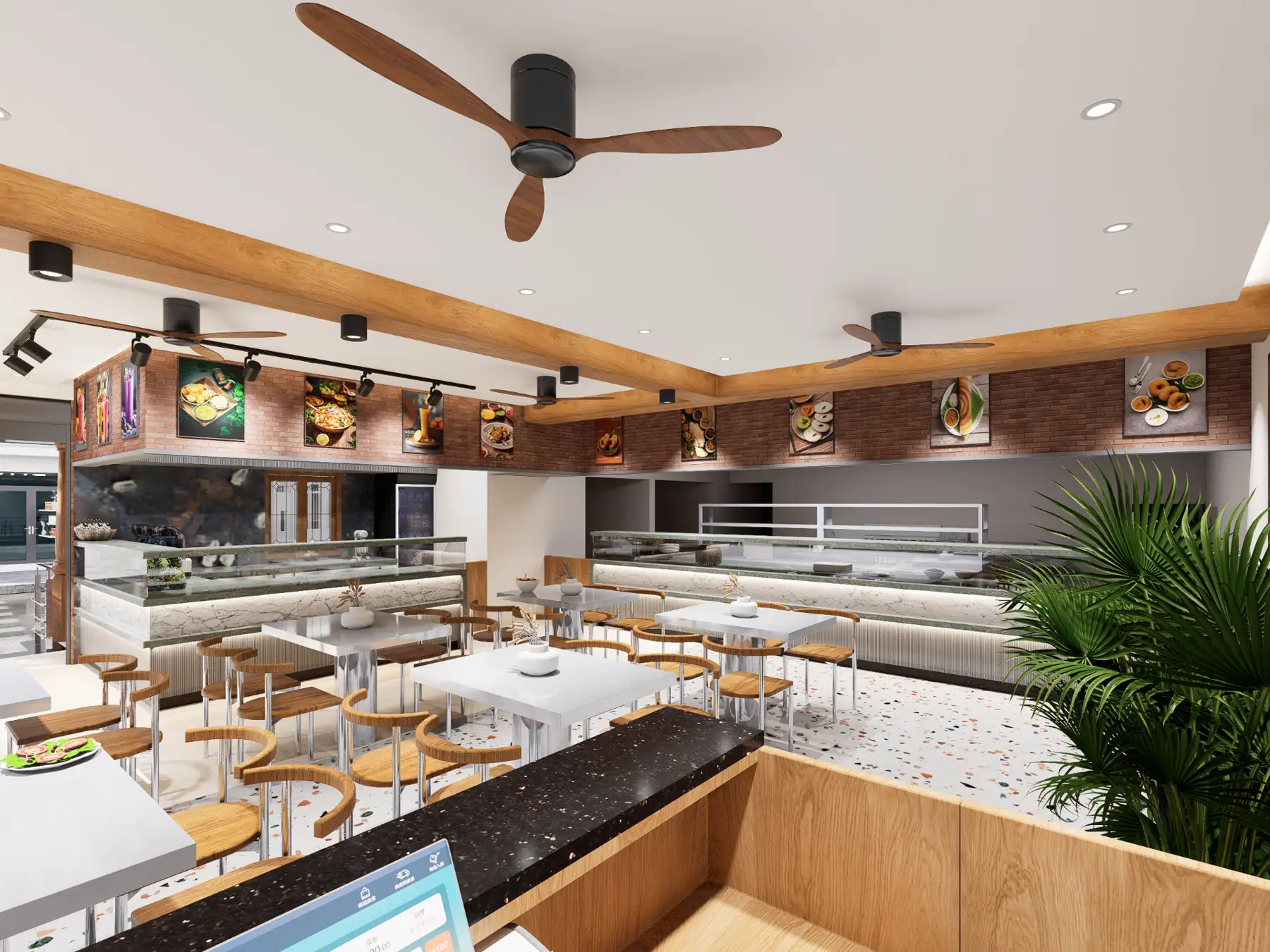 Wide view of commercial dining interior